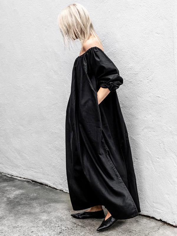 Black Off-Shoulder Loose Long Dress-Maxi Dress-BLACK-S-Free Shipping Leatheretro