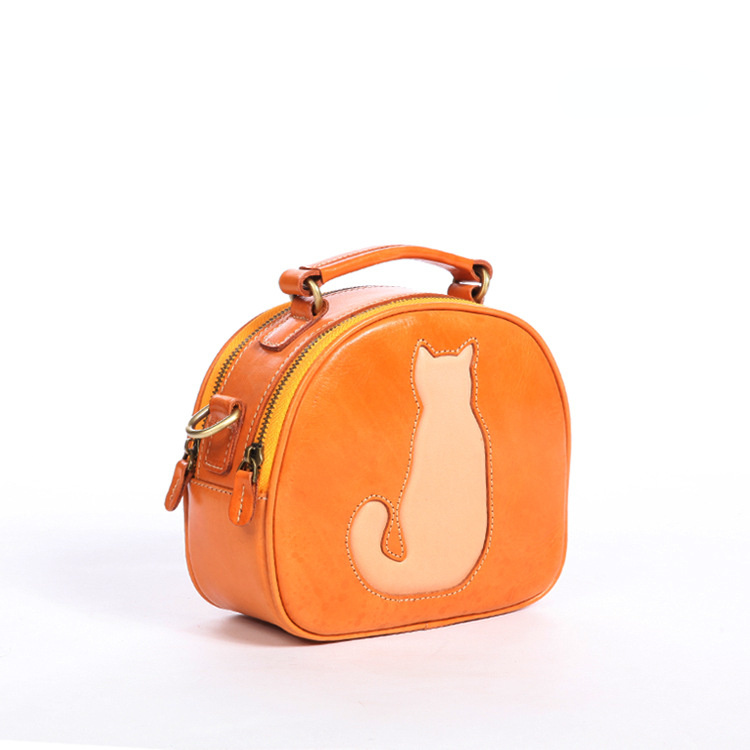 Cute Cat Design Handmade Vege Tanned Leather Bag for Women-Handbags-Wine Red-Free Shipping Leatheretro