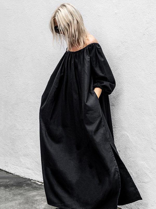 Black Off-Shoulder Loose Long Dress-Maxi Dress-BLACK-S-Free Shipping Leatheretro