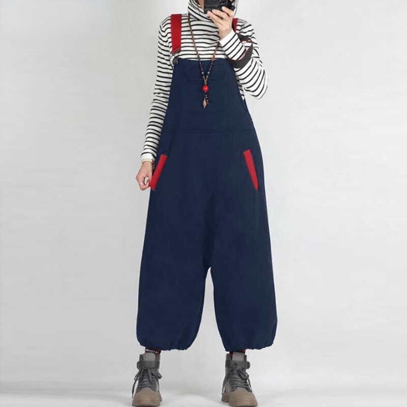 New Split Joint Casual Overalls Jumpsuits-One Piece Suits-Dark Blue-M-Free Shipping Leatheretro