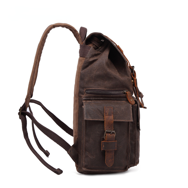 Men Waterproof Leather Canvas Outdoor Backpack 5358-Leather Canvas Backpack-Coffee-Free Shipping Leatheretro