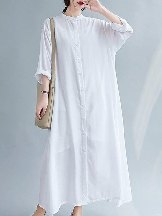 Solid Round-Neck Shirts Long Dress-Maxi Dress-WHITE-FREE SIZE-Free Shipping Leatheretro