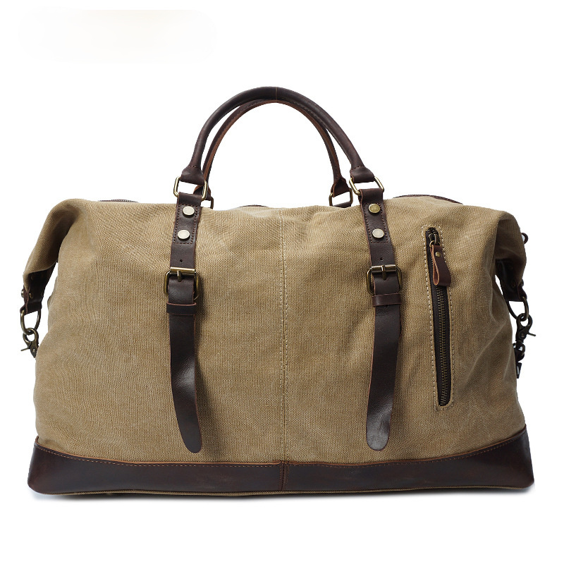 Men's Travel Canvas Leather Duffle Bag D-2077-Leather Duffle Bags-Khaki-Free Shipping Leatheretro