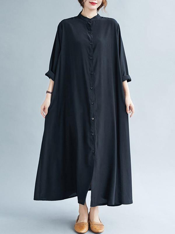 Solid Round-Neck Shirts Long Dress-Maxi Dress-BLACK-FREE SIZE-Free Shipping Leatheretro