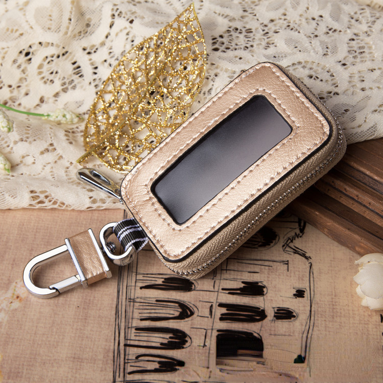 Leather Transparent Zipper Car Case with Key Input Funciton 9069-Leather Car Key Cases-Gold-Free Shipping Leatheretro