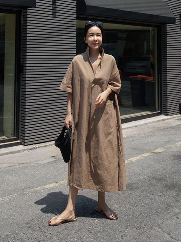 Casual Cozy Cotton Split-Side Long Dress-Cozy Dresses-S-BROWN-Free Shipping Leatheretro