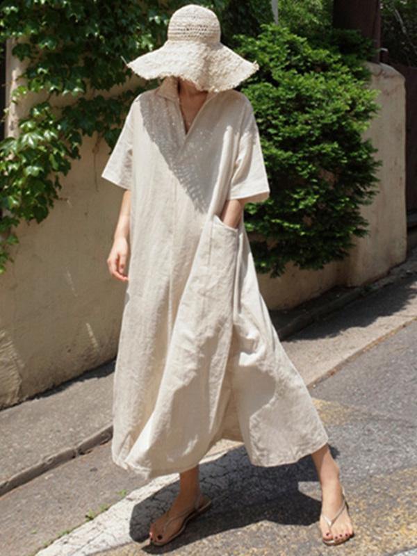 Casual Cozy Cotton Split-Side Long Dress-Cozy Dresses-S-BEIGE-Free Shipping Leatheretro