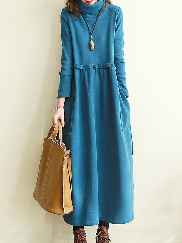 Vintage Split-Joint Loose High-Neck Midi Dress-Cozy Dresses-BLUE-M-Free Shipping Leatheretro
