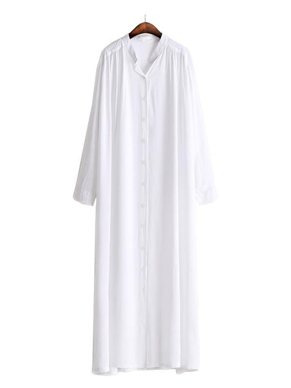Solid Lapel Long Shirt Dress-Maxi Dress-WHITE-FREE SIZE-Free Shipping Leatheretro