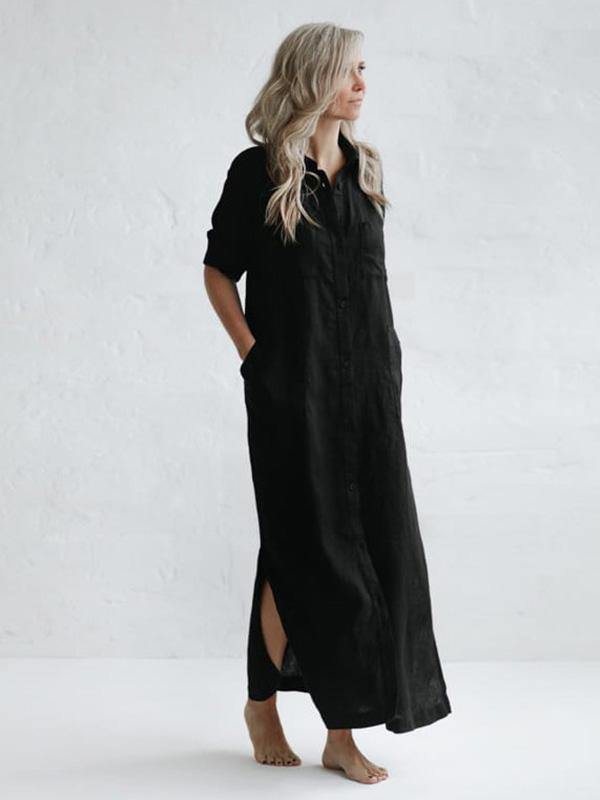 Simple Split-Side Lapel Long Shirt Dress-Maxi Dress-BLACK-S-Free Shipping Leatheretro