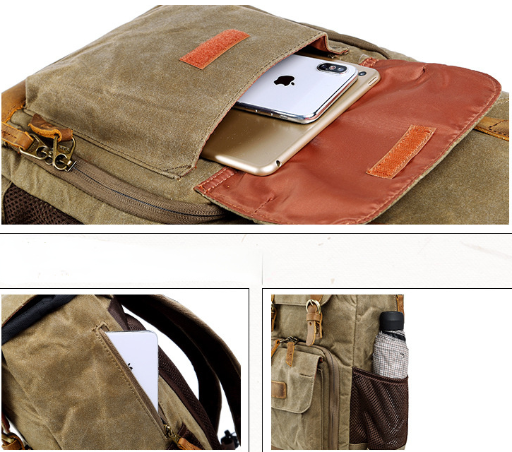 Waxed Canvas Backpack with Inside SLR Camera Bag 279-canvas camera backpack-Khaki-Free Shipping Leatheretro