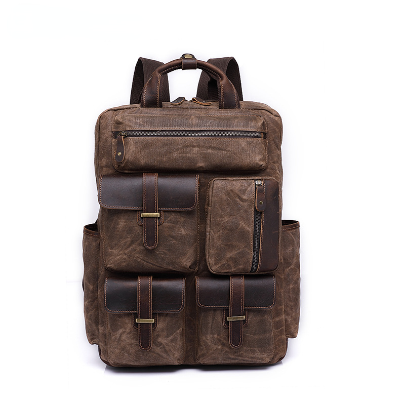 Men's Large Storage Leather Wax Canvas Backpack 5351-Leather Canvas Backpack-Coffee-Free Shipping Leatheretro