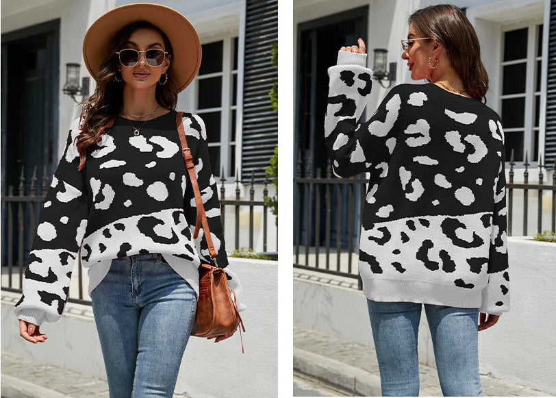 Fashion Round Neck Leopard Knitted Pullover Sweaters-Shirts & Tops-Pink-S-Free Shipping Leatheretro