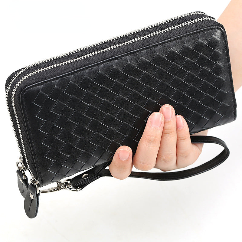 Woven Large Storage Double Zipper Leather Waleets 4009-Handbags, Wallets & Cases-Black-Free Shipping Leatheretro