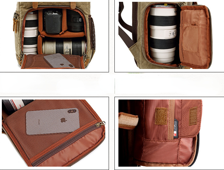 Waxed Canvas Backpack with Inside SLR Camera Bag 279-canvas camera backpack-Khaki-Free Shipping Leatheretro