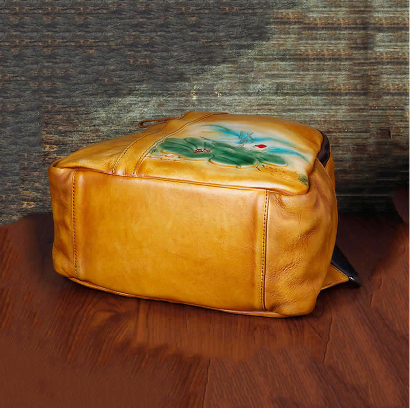 Vintage Floral Embossing Leather Backpack for Women C311-Leather Backpack for Women-Yellow-Free Shipping Leatheretro