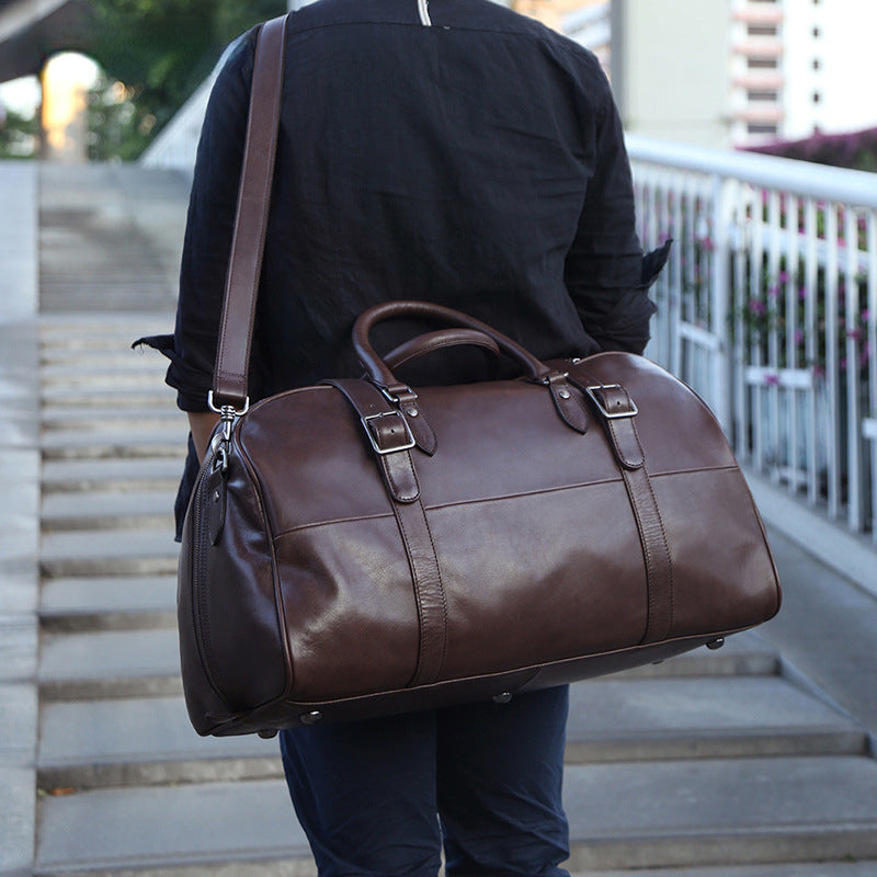 Casual Large Storage Vege Tanned Leather Foldable Traveling Bag 8905-Duffel Bags-Black-Free Shipping Leatheretro