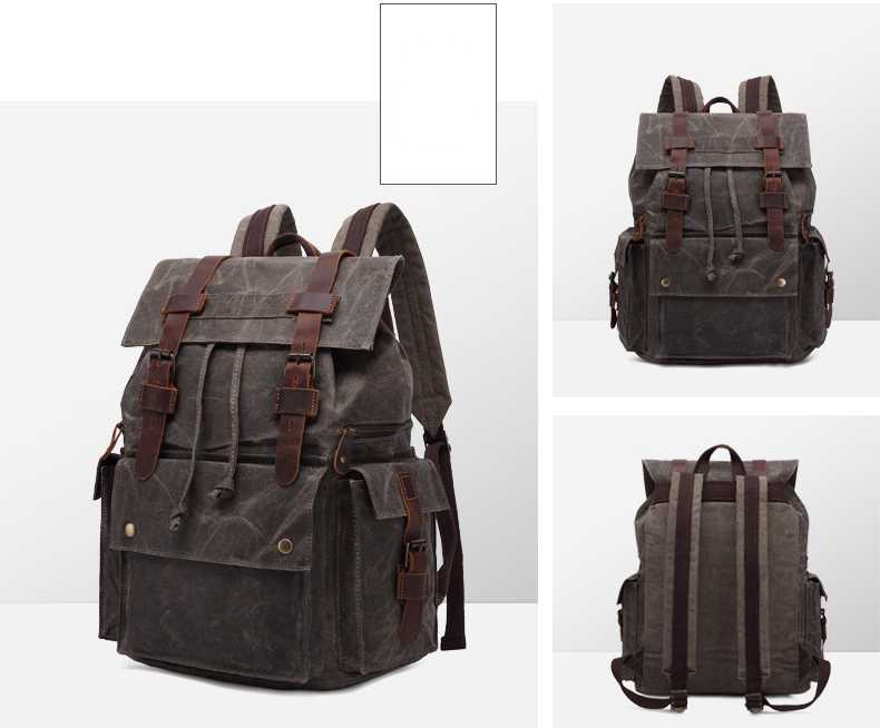 Men Waterproof Leather Canvas Outdoor Backpack 5358-Leather Canvas Backpack-Coffee-Free Shipping Leatheretro