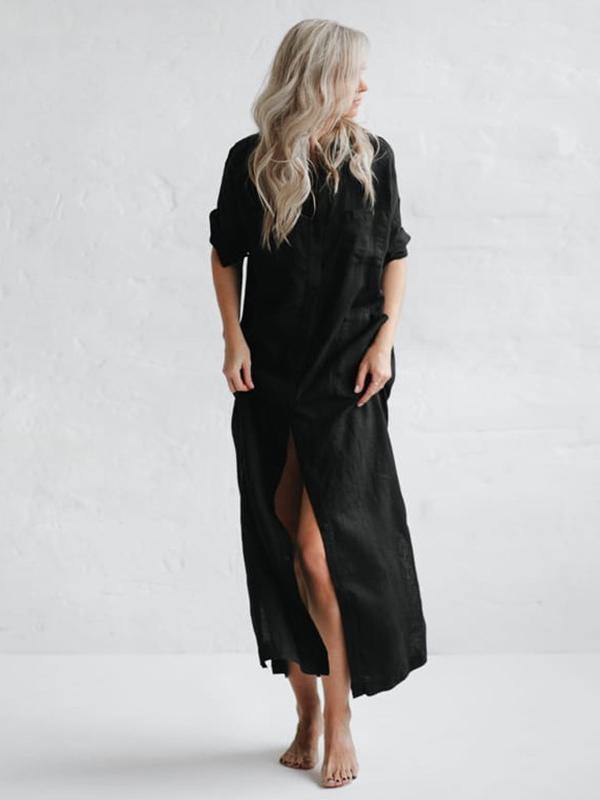 Simple Split-Side Lapel Long Shirt Dress-Maxi Dress-BLACK-S-Free Shipping Leatheretro