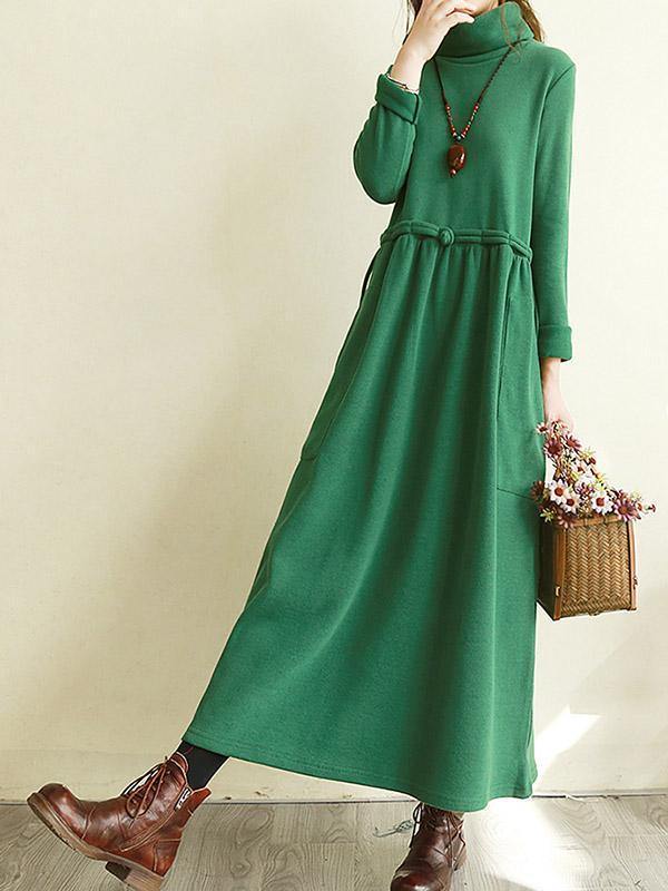 Vintage Split-Joint Loose High-Neck Midi Dress-Cozy Dresses-RED-M-Free Shipping Leatheretro