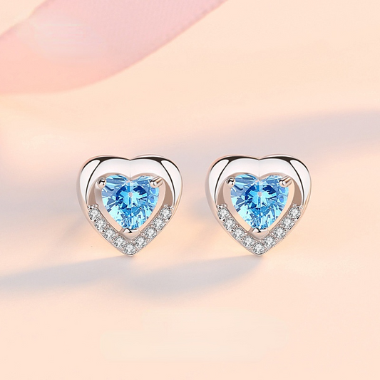 Lovely Heart Shape Zircon Silver Earring Studs-Earrings-Blue-Free Shipping Leatheretro