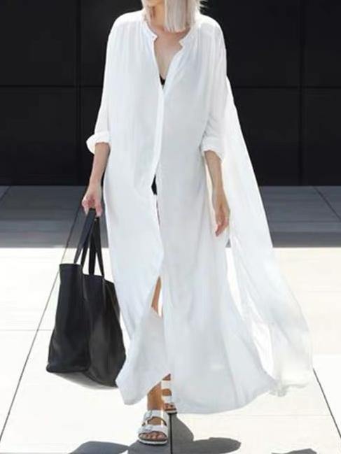 Solid Lapel Long Shirt Dress-Maxi Dress-BLACK-FREE SIZE-Free Shipping Leatheretro