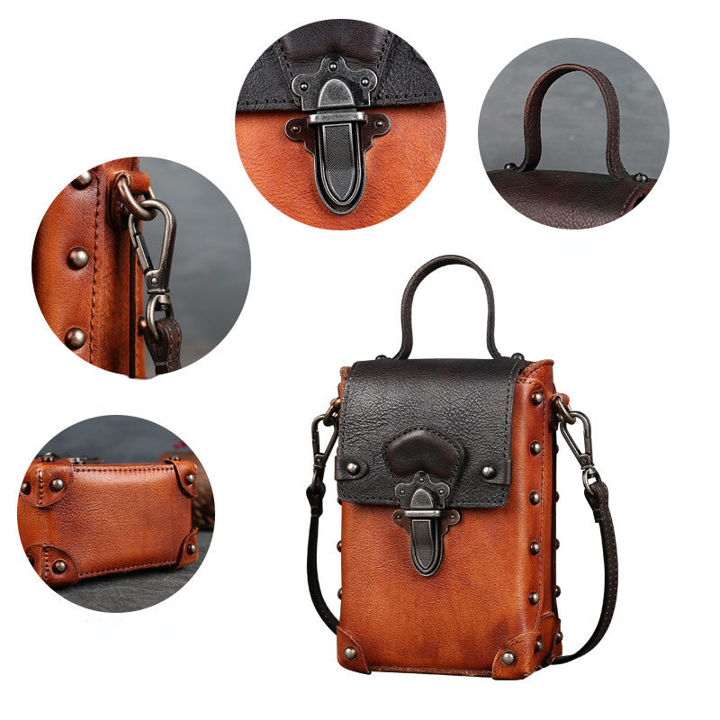 Vintage Vege Tanned Leather Rivet Lock Button Cellphone Bags D829-Handbags, Wallets & Cases-Purple-Free Shipping Leatheretro