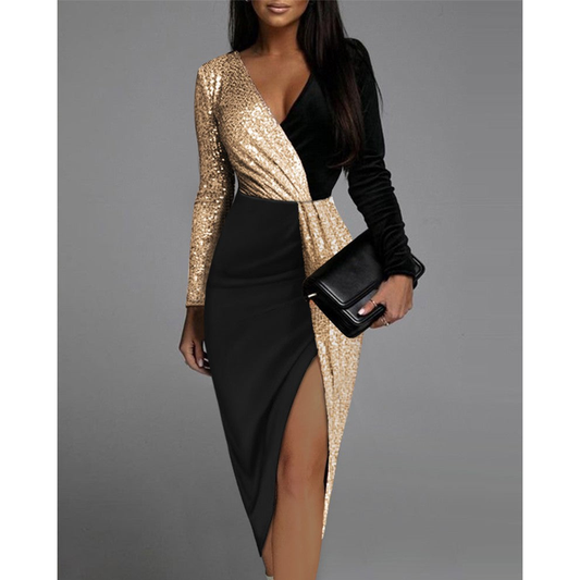 Sexy Long Sleeves Black and Gold Women Party Dresses-Dresses-The same as picture-S-Free Shipping Leatheretro