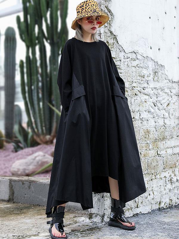 Black Loose A-line Long Sleeves Dresses-Cozy Dresses-FREE SIZE-BLACK-Free Shipping Leatheretro