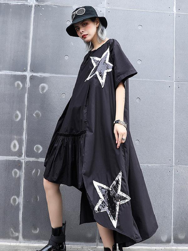 Black Oversize Asymmetric Stars Dress-Maxi Dresses-Free Size-Black-Free Shipping Leatheretro