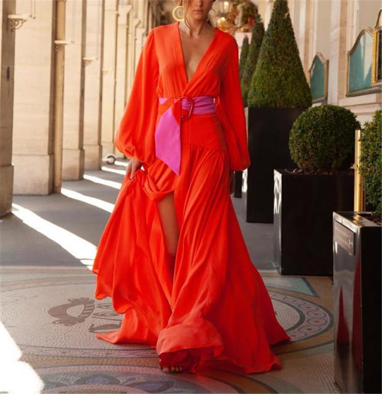 Red Color Split-Front Long Sleeves Maxi Dresses-Maxi Dresses-S-The Same as Picture-Free Shipping Leatheretro
