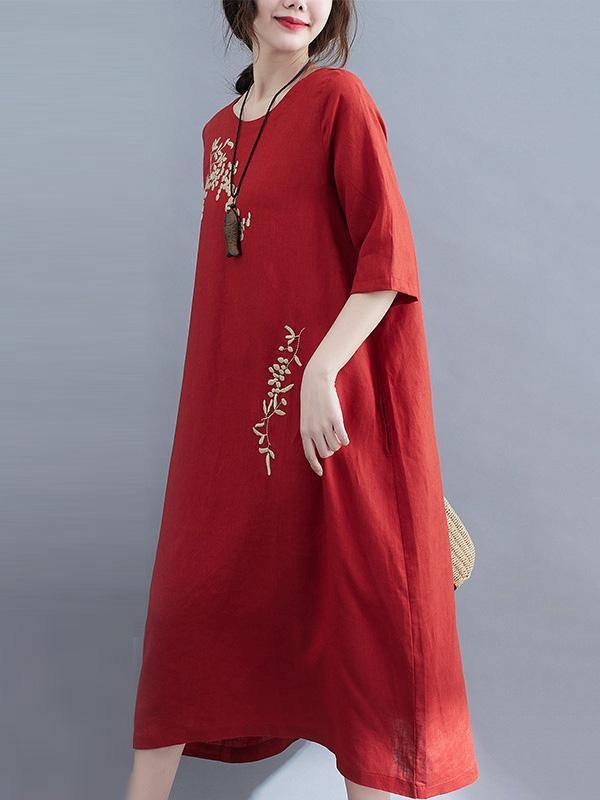 Embroidery Vintae Color Half-Sleeve Long Dress-Cozy Dresses-RED-M-Free Shipping Leatheretro