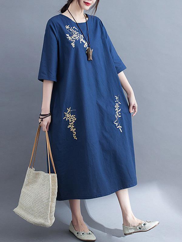 Embroidery Vintae Color Half-Sleeve Long Dress-Cozy Dresses-RED-M-Free Shipping Leatheretro