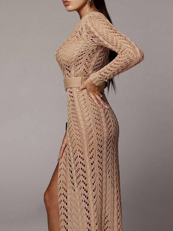 Sexy Hollow One-Shoulder Knitting Dresses-Sexy Dresses-KHAKI-S-Free Shipping Leatheretro