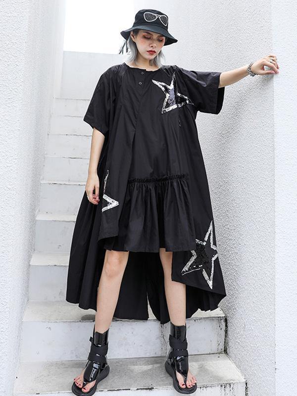 Black Oversize Asymmetric Stars Dress-Maxi Dresses-Free Size-Black-Free Shipping Leatheretro