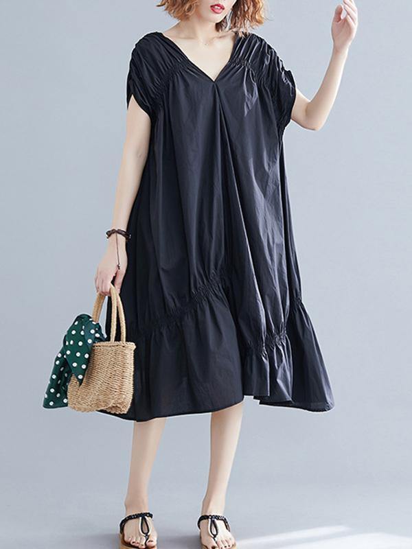 Black Loose Drawstring Ruffled Midi Dress-Cozy Dresses-Free Size-Black-Free Shipping Leatheretro