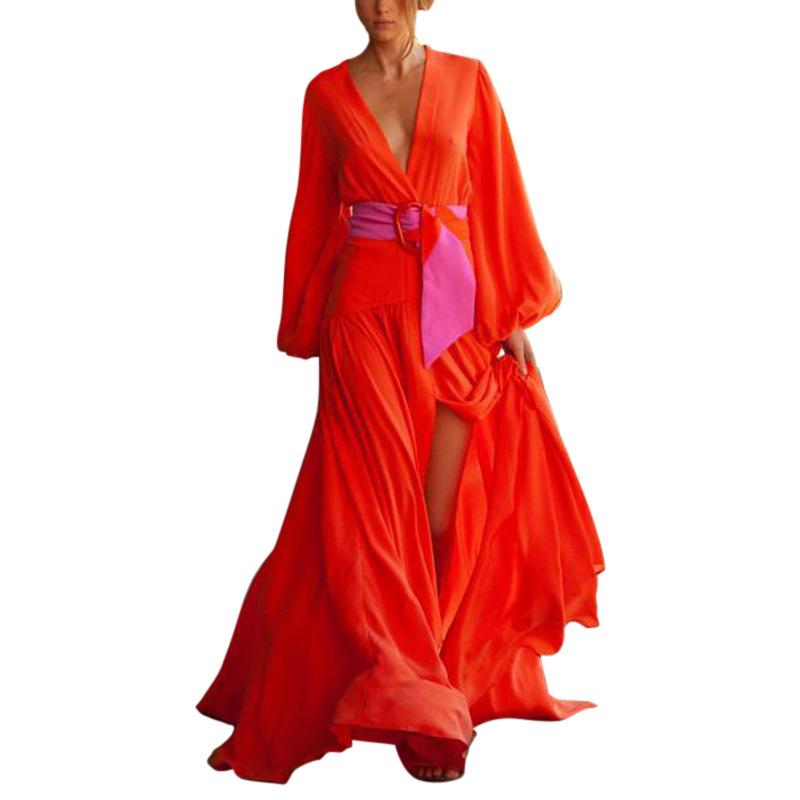 Red Color Split-Front Long Sleeves Maxi Dresses-Maxi Dresses-S-The Same as Picture-Free Shipping Leatheretro
