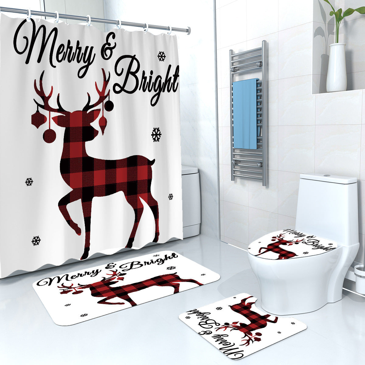 Merry Christmas Elk Fabric Shower Curtain Sets-Shower Curtains-Shower Curtain+3Pcs Mat-Free Shipping Leatheretro
