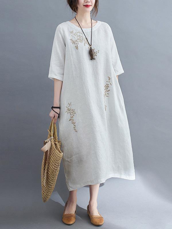 Embroidery Vintae Color Half-Sleeve Long Dress-Cozy Dresses-WHITE-M-Free Shipping Leatheretro