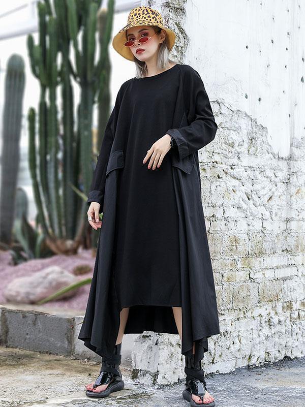 Black Loose A-line Long Sleeves Dresses-Cozy Dresses-FREE SIZE-BLACK-Free Shipping Leatheretro