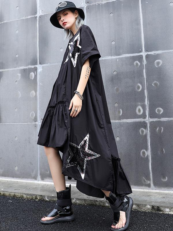 Black Oversize Asymmetric Stars Dress-Maxi Dresses-Free Size-Black-Free Shipping Leatheretro