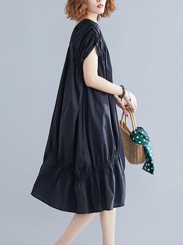 Black Loose Drawstring Ruffled Midi Dress-Cozy Dresses-Free Size-Black-Free Shipping Leatheretro