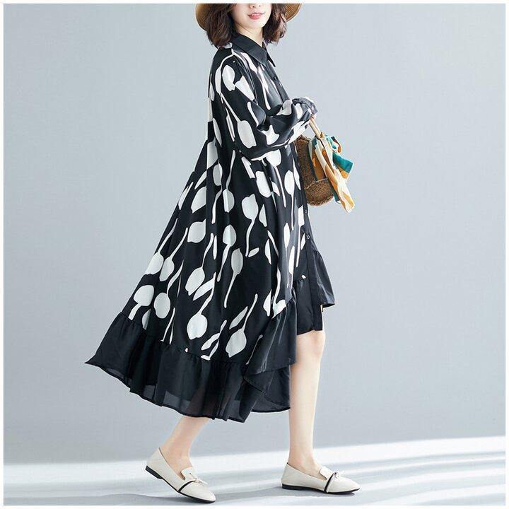 Black Printed Ruffle Shirt Midi Dress-Cozy Dresses-BLACK-L-Free Shipping Leatheretro