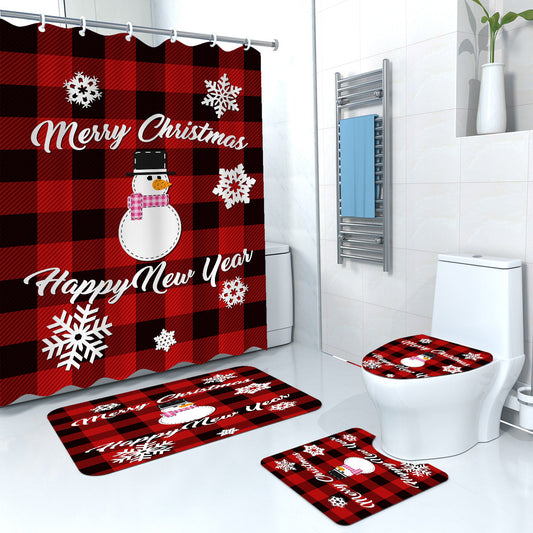 Merry Christmas Fabric Shower Curtain Sets-Shower Curtains-Shower Curtain+3Pcs Mat-Free Shipping Leatheretro