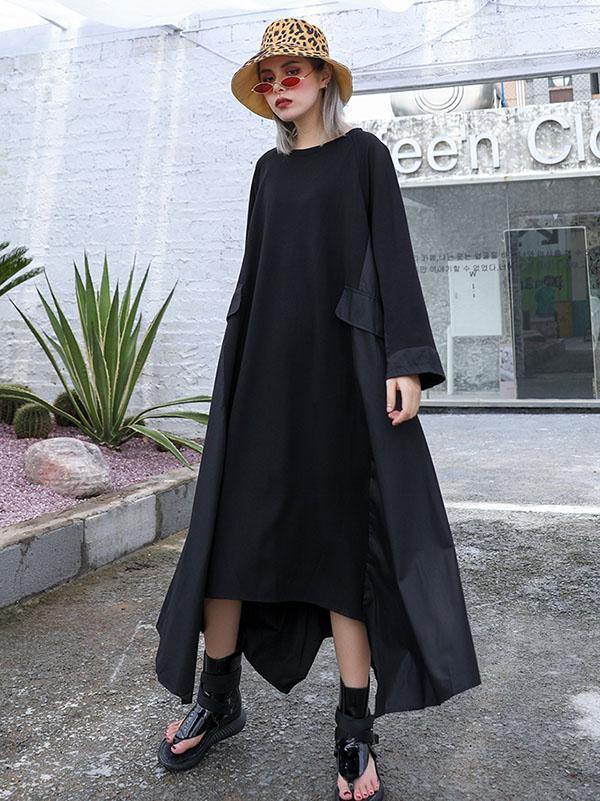 Black Loose A-line Long Sleeves Dresses-Cozy Dresses-FREE SIZE-BLACK-Free Shipping Leatheretro