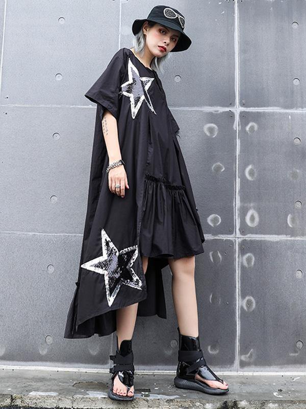 Black Oversize Asymmetric Stars Dress-Maxi Dresses-Free Size-Black-Free Shipping Leatheretro