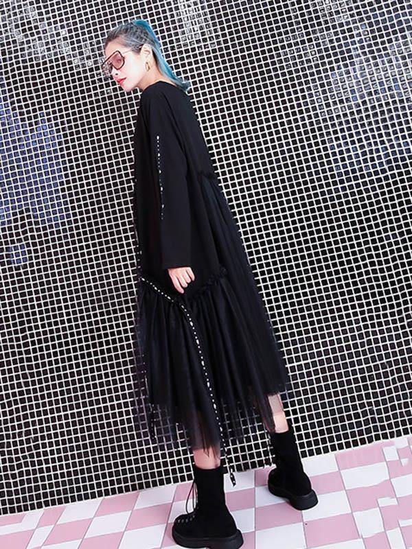 Black Loose Rivet Gauze Splicing Dress-Cozy Dresses-Free Size-Black-Free Shipping Leatheretro