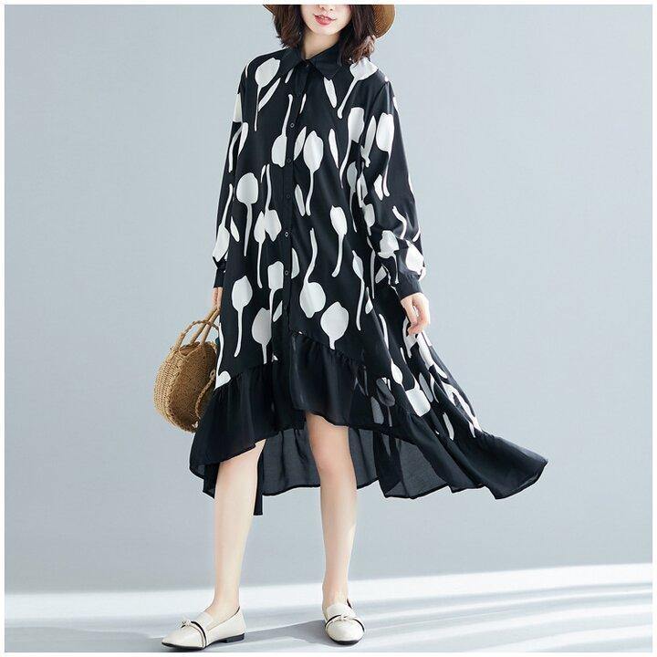 Black Printed Ruffle Shirt Midi Dress-Cozy Dresses-BLACK-L-Free Shipping Leatheretro