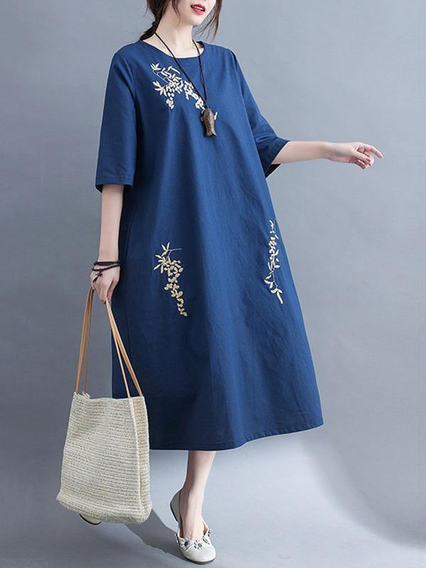 Embroidery Vintae Color Half-Sleeve Long Dress-Cozy Dresses-NAVY BLUE-M-Free Shipping Leatheretro