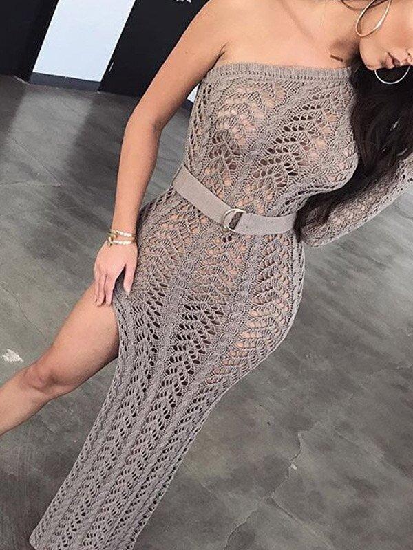 Sexy Hollow One-Shoulder Knitting Dresses-Sexy Dresses-KHAKI-S-Free Shipping Leatheretro